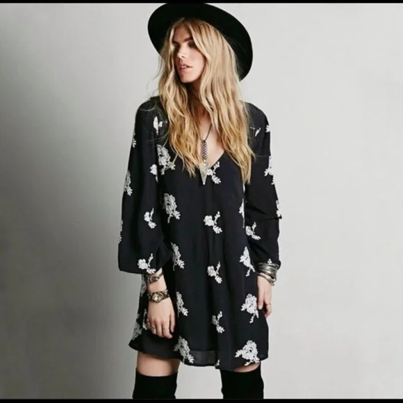 Free People Emma Black Embroidered Dress Size S